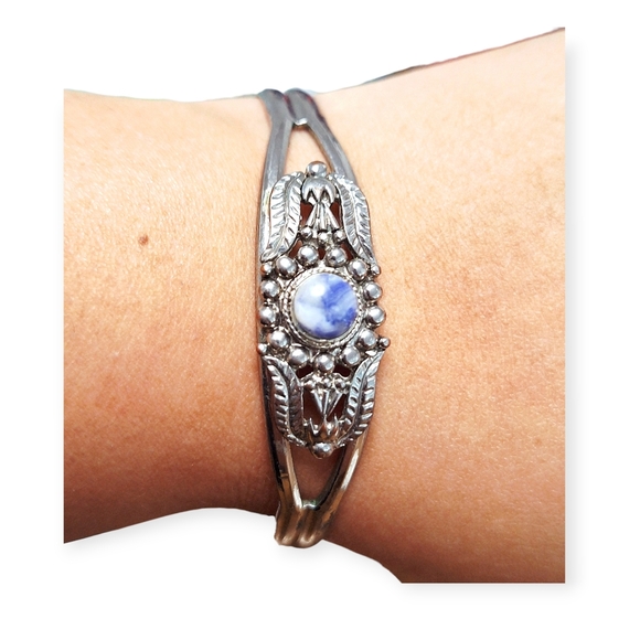 Vintage Silver Open Cuff Bracelet w/Blue Gemstone - Picture 2 of 5
